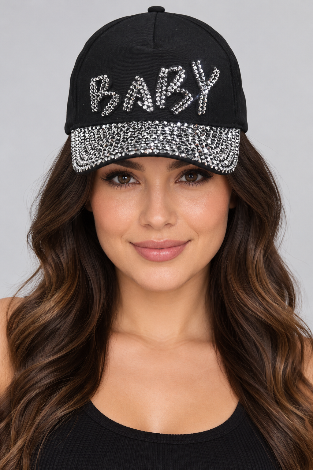Human model wearing Denim Baseball Cap: CA003 "Baby" Baseball Cap in Black