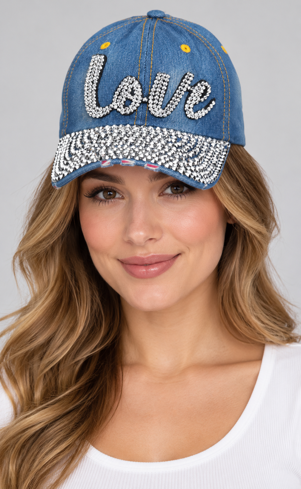Human model wearing Denim Baseball Cap: CA004 "Love" Baseball Cap