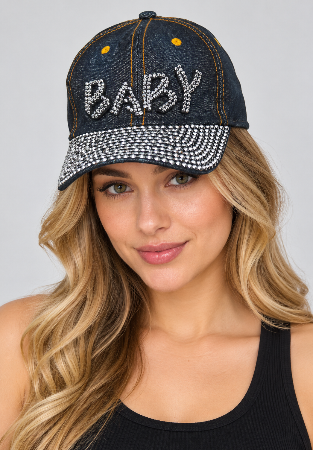 Human model wearing Denim Baseball Cap: CA003 "Baby" Baseball Cap In Black Denim