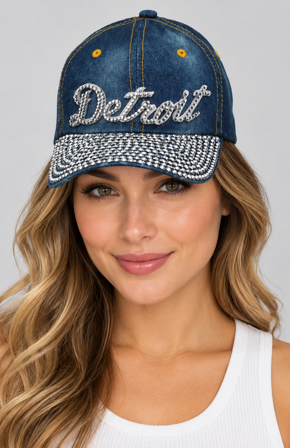 Human model wearing Denim Baseball Cap: CA013 "Detroit" Baseball Cap In Denim