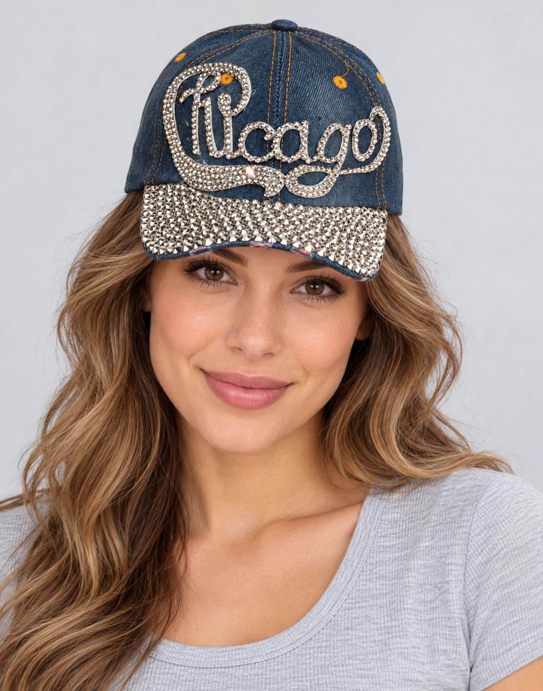 Human model wearing Denim Baseball Cap: CA014 "Chicago" Baseball Cap In Denim