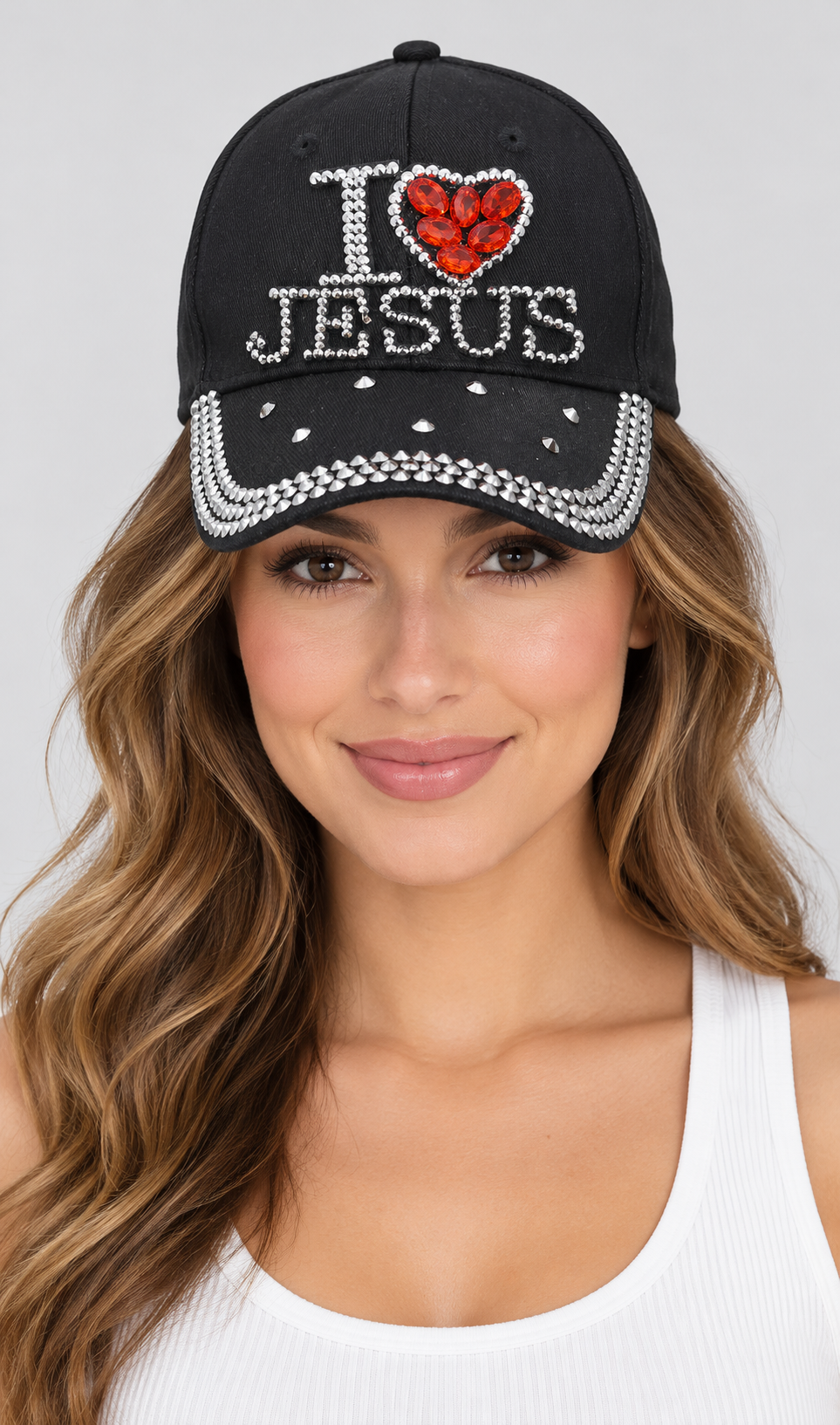 Human model wearing Denim Baseball Cap: CA018 "I Love Jesus" Baseball Cap In Black Denim