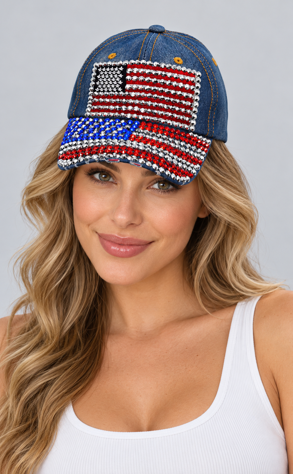 Human model wearing Denim Baseball Cap: CA039 "American Flag" Rhinestone Studded Hat