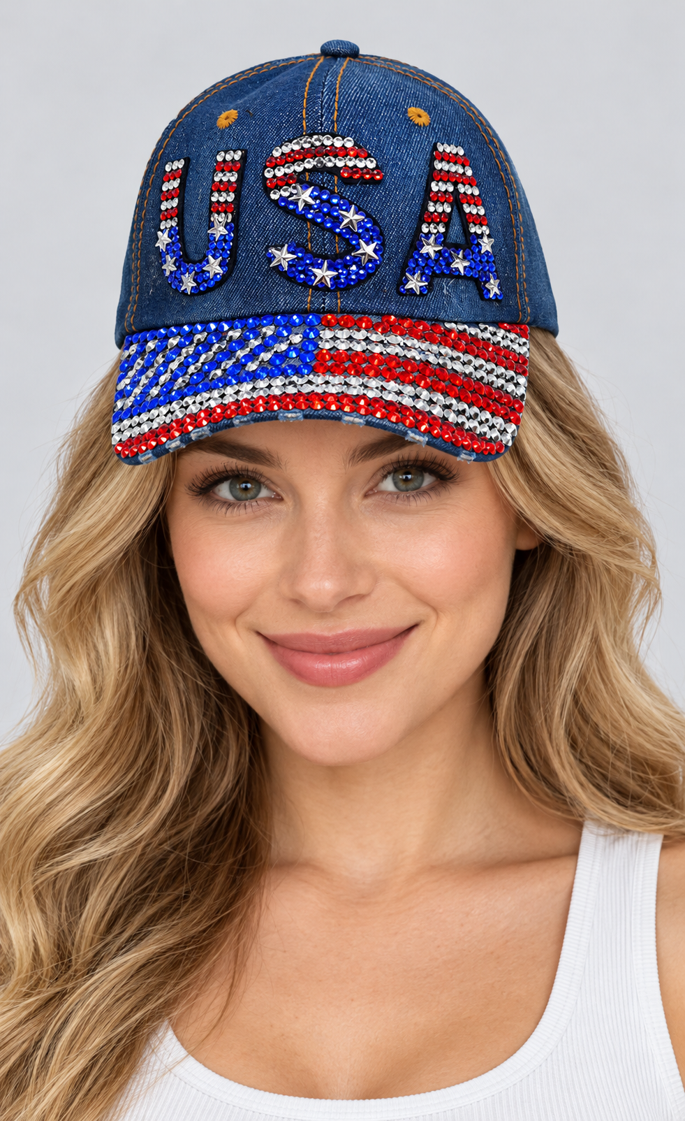 Human model wearing Denim Baseball Cap: CA040 "USA" Rhinestone Studded Hat