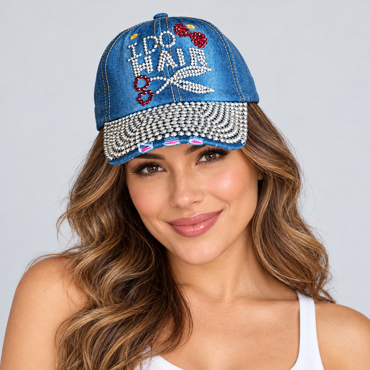 Human model wearing Denim Baseball Cap: CA029 "I DO HAIR" Rhinestone Studded Hat in denim