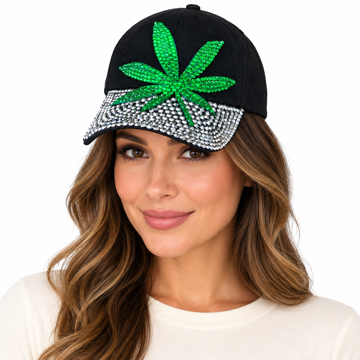 Model wearing Denim Baseball Cap: C1421-1 "Cannabis Leaf" Green and Silver Rhinestones Baseball Cap in Black Denim