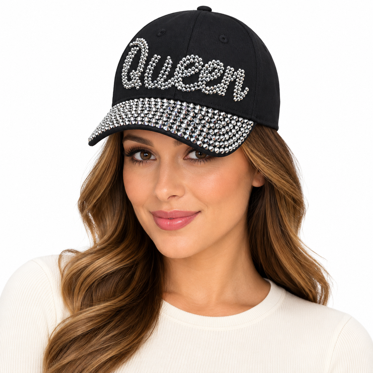 Model wearing Denim Baseball Cap: CA002 "Queen" Baseball Cap in Black