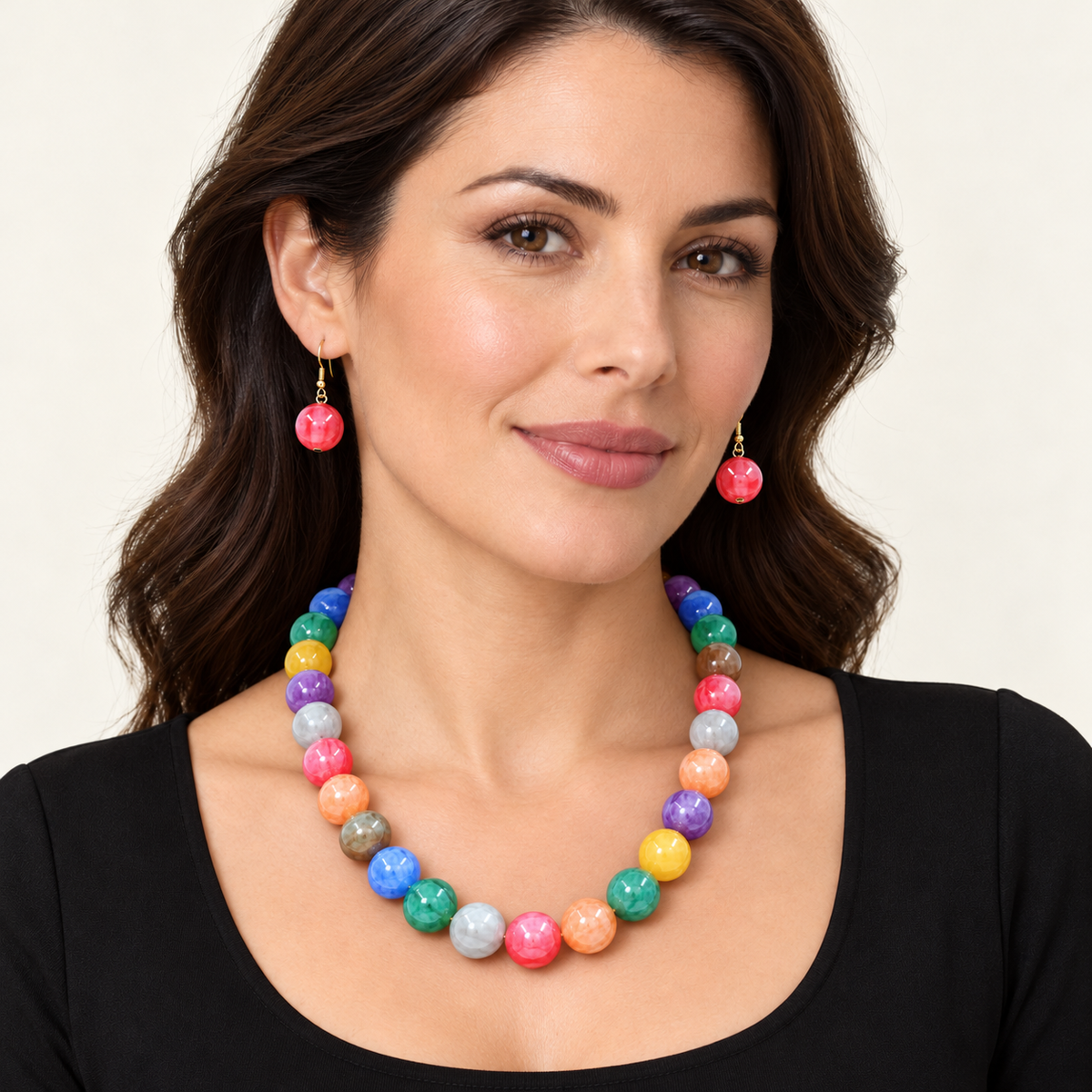Multicolor KS2316 necklace and matching earrings shown on an AI-generated model