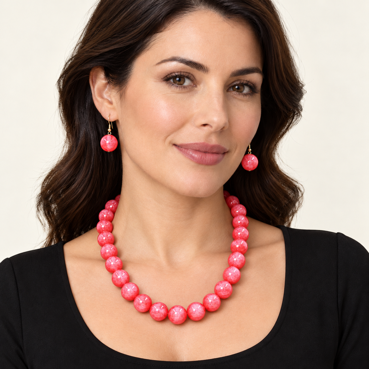Red KS2316 necklace and matching earrings shown on an AI-generated model