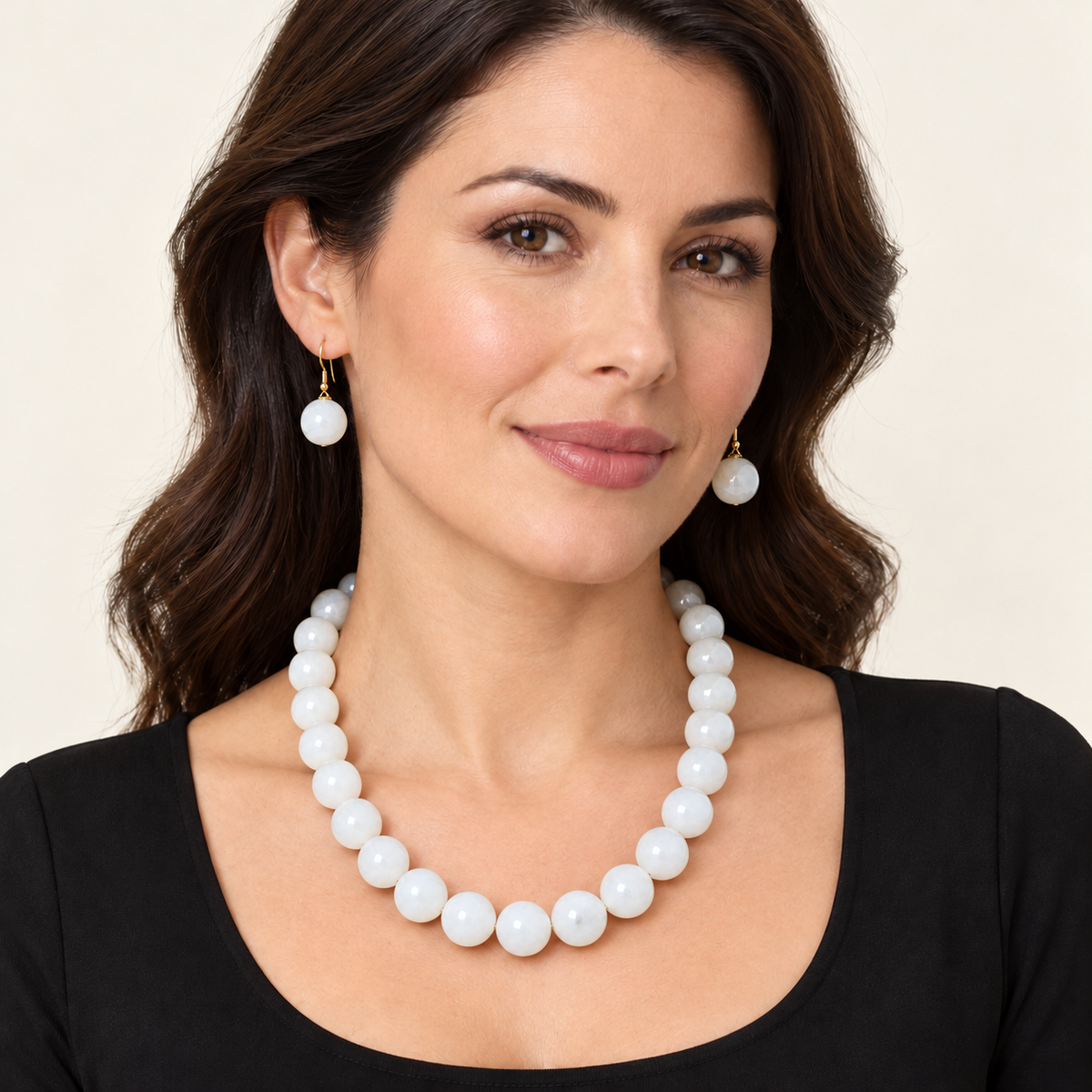 White KS2316 necklace and matching earrings shown on an AI-generated model