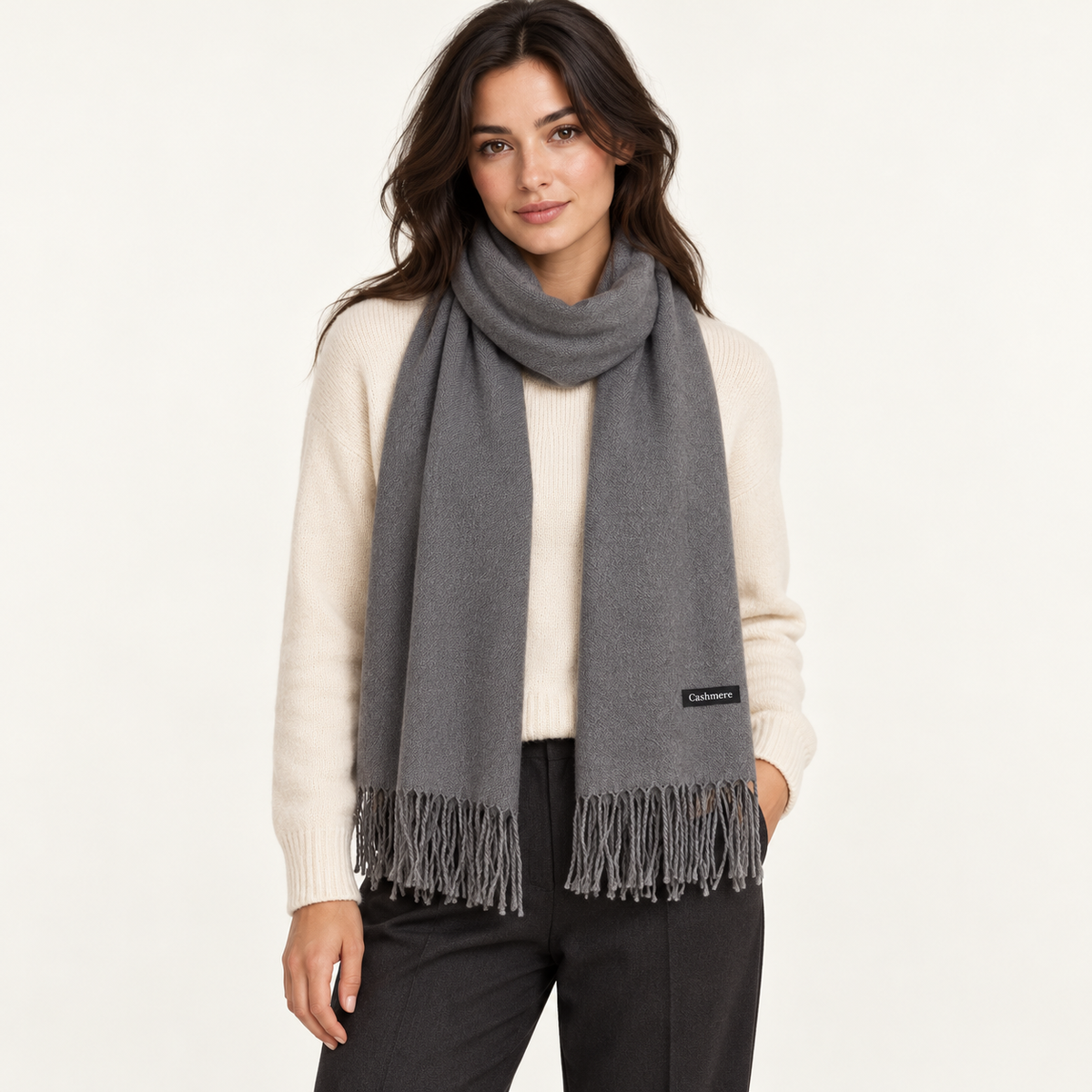 GRA solid fringe scarf worn by a model