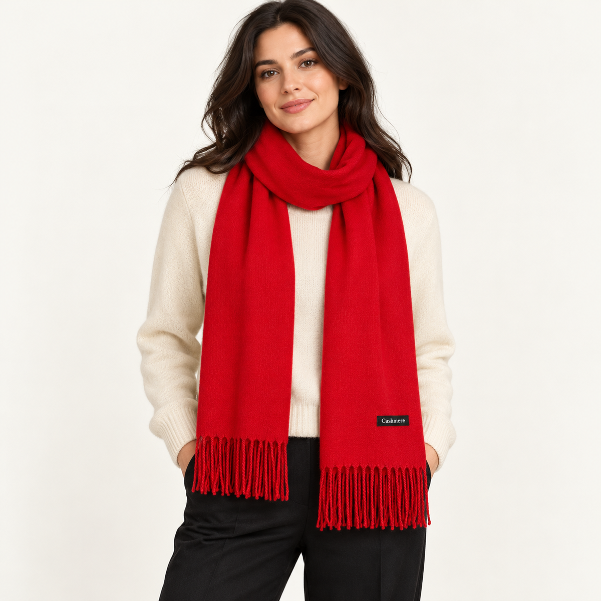 RED solid fringe scarf worn by a model