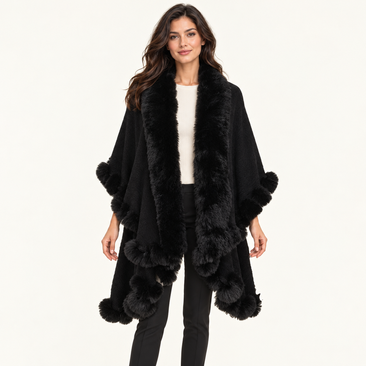 Knit Shawl with Fur Trim