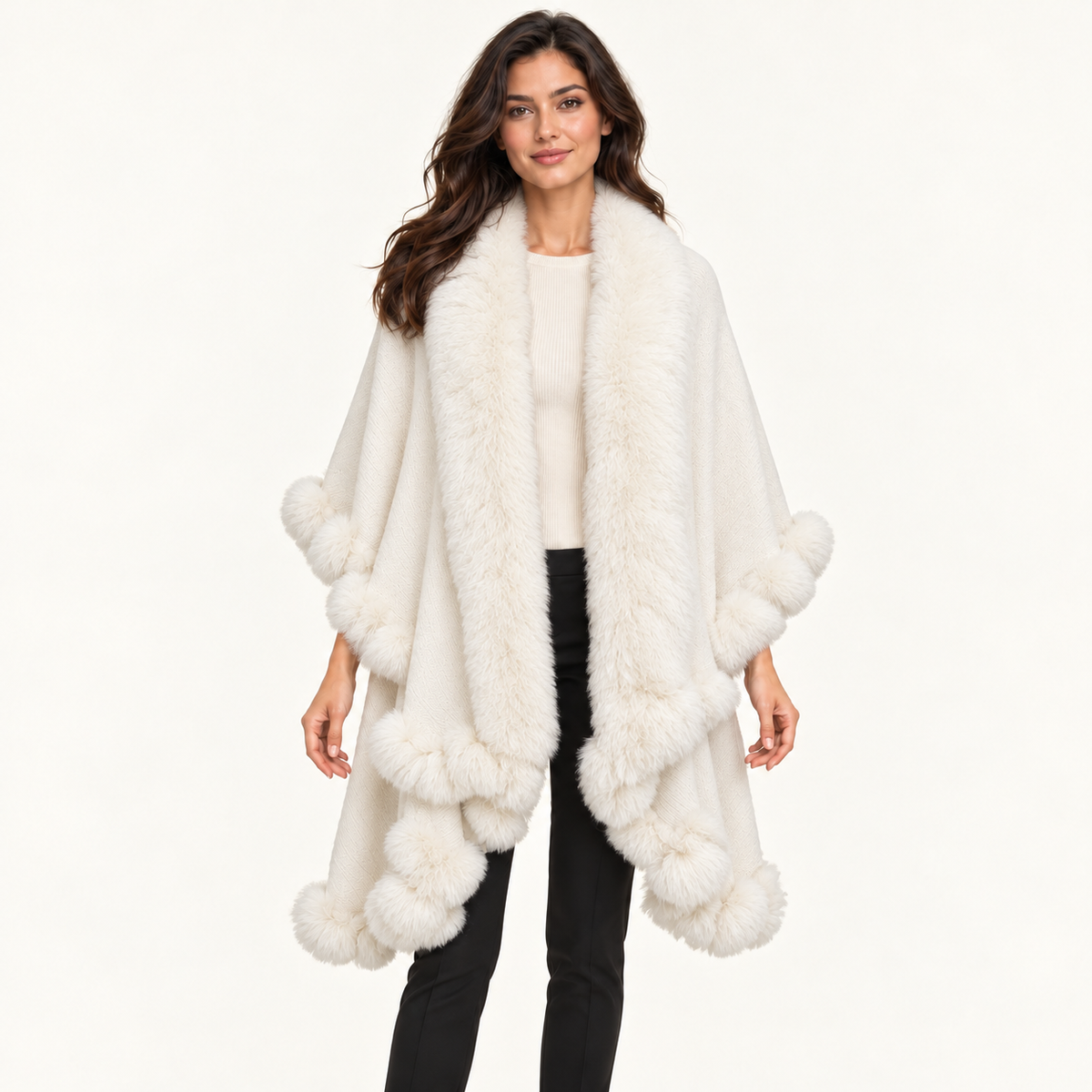 Knit Shawl with Fur Trim