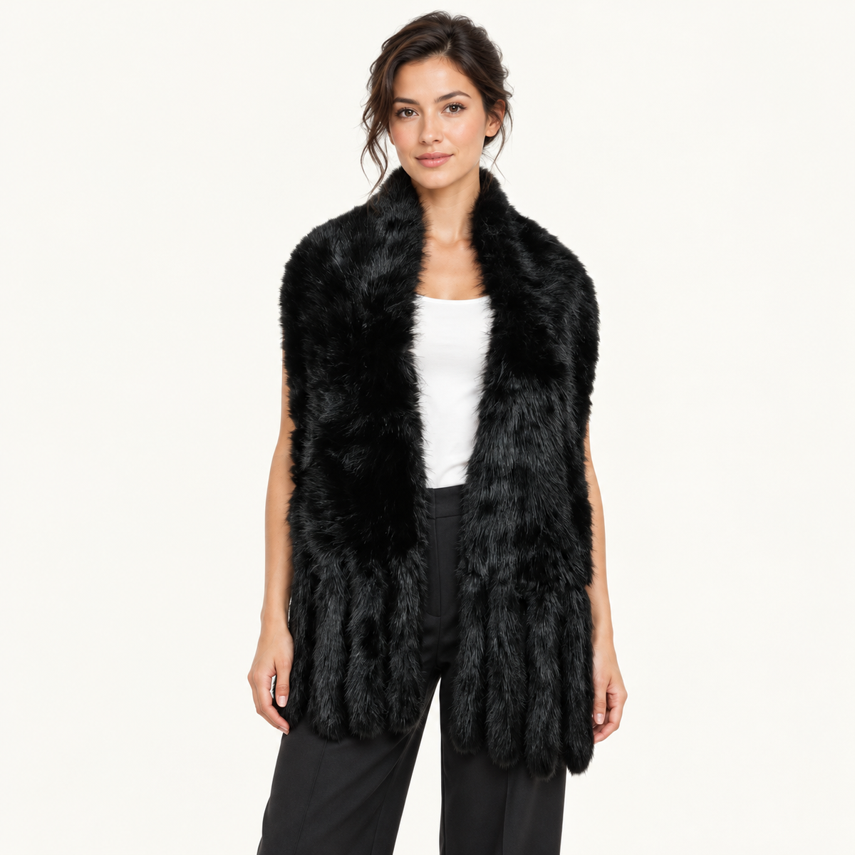 Black long faux fur scarf worn by a human model