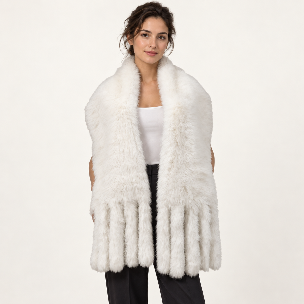 white long faux fur scarf worn by a human model